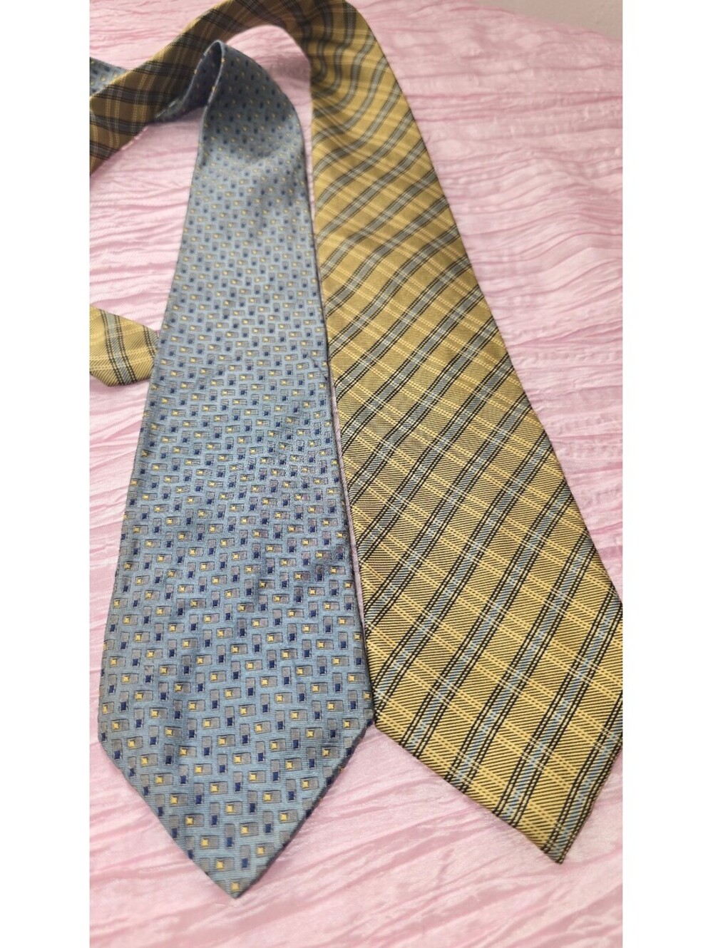 Barrington Men’s Necktie Lot of 2 Blue Geometric & Gold Plaid Classic Ties